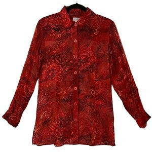 Chico's silk floral velvet burnout sheer button up down women 1 US medium 8 red
